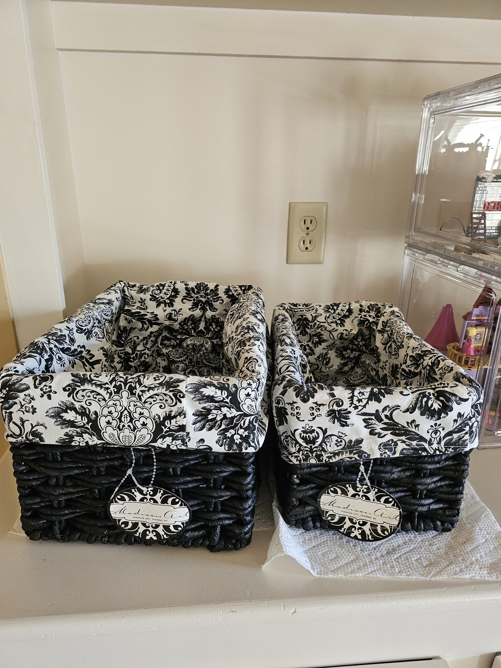 Black and White Damask Wicker Storage Baskets - Set of 2